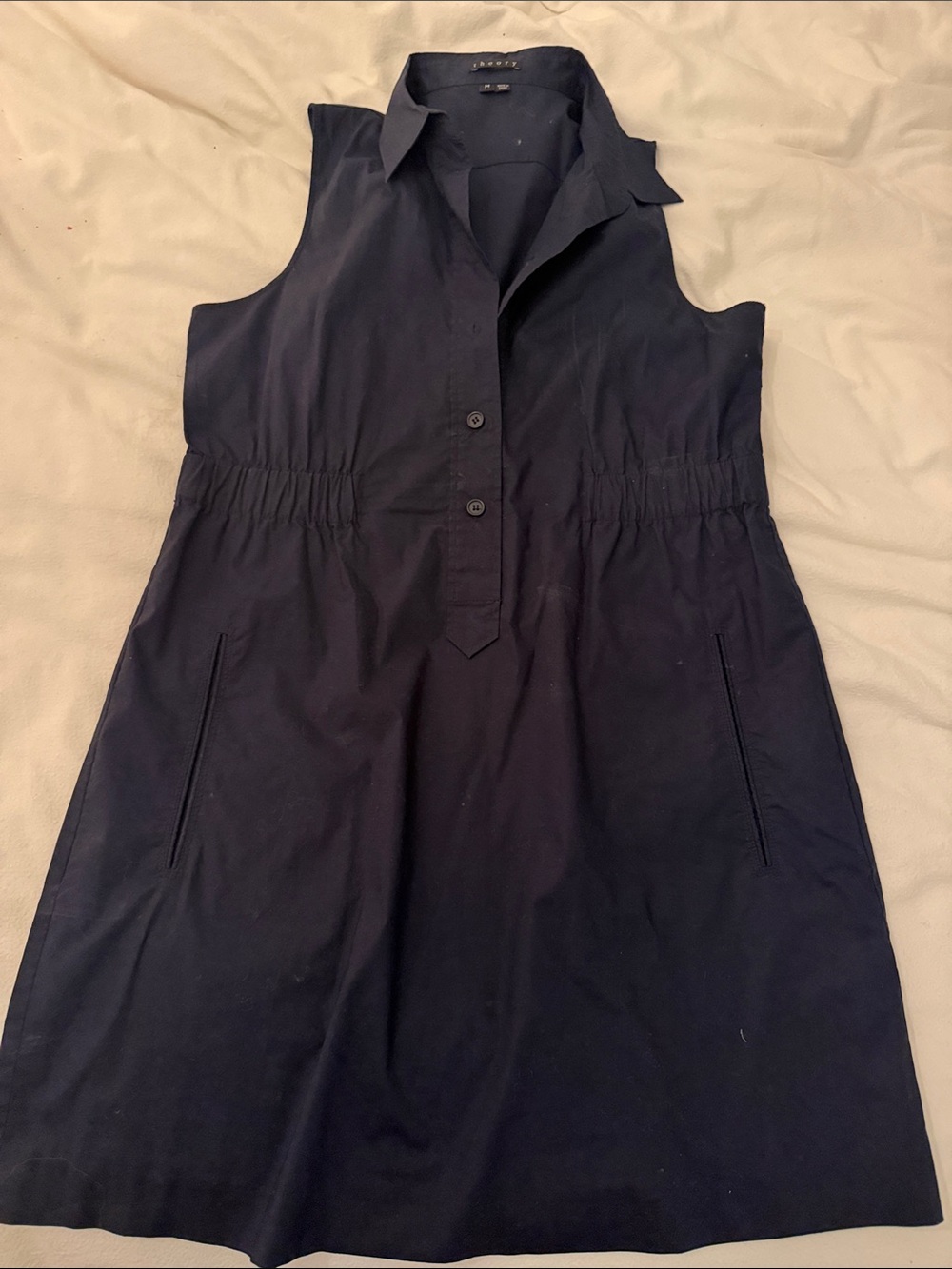 Theory Navy Sleeveless Shirt Dress with Collared Neck